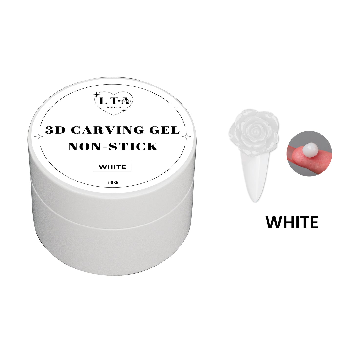 White container of 3D carving gel with a rose-shaped tool and color swatch on a white background