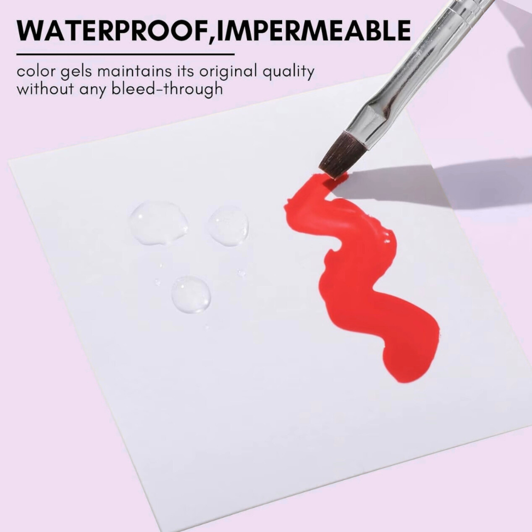 Red paint being applied with a brush on a white surface, with text indicating waterproof and impermeable properties.
