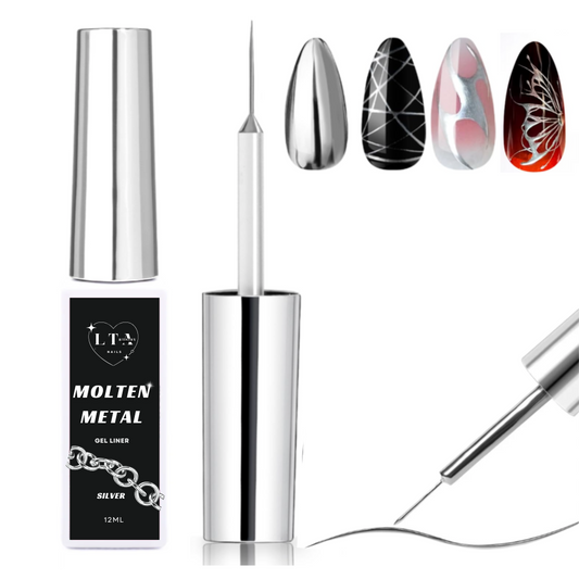 Silver gel liner with applicator and nail art designs on a white background