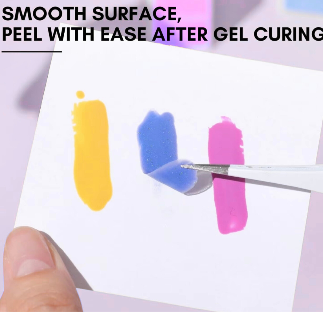 Colorful gel swatches on a white card with text about gel curing, held by a hand.