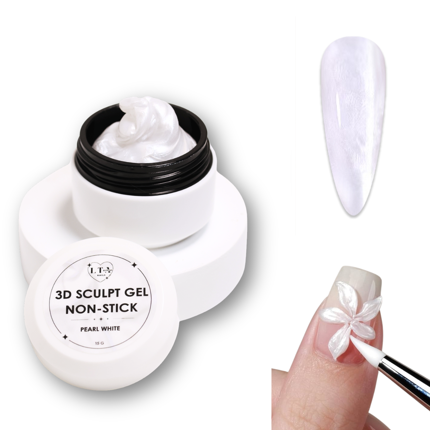 3D sculpt gel with a jar, a nail being painted, and a close-up of a white flower design on a white background.
