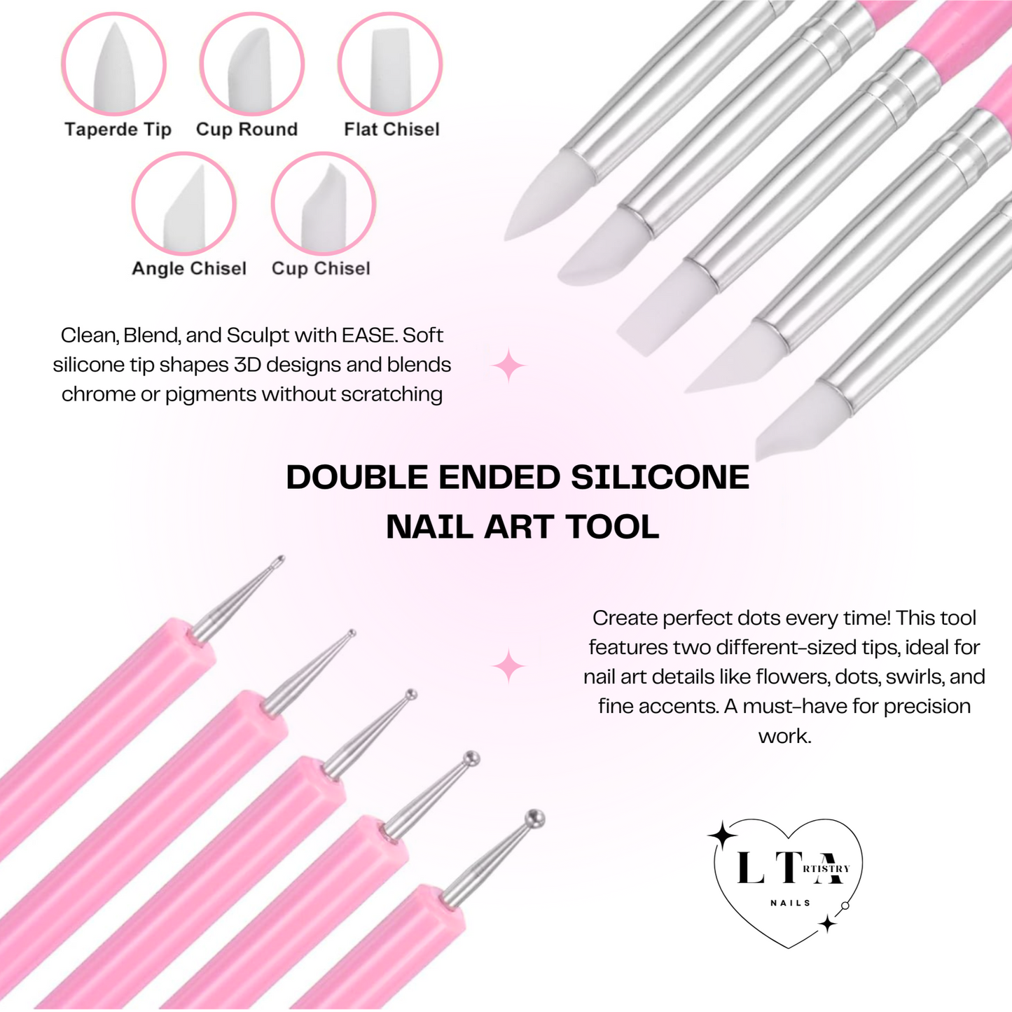 Double-ended silicone nail art tool with pink and silver handles and silicone tips, featuring different shapes.