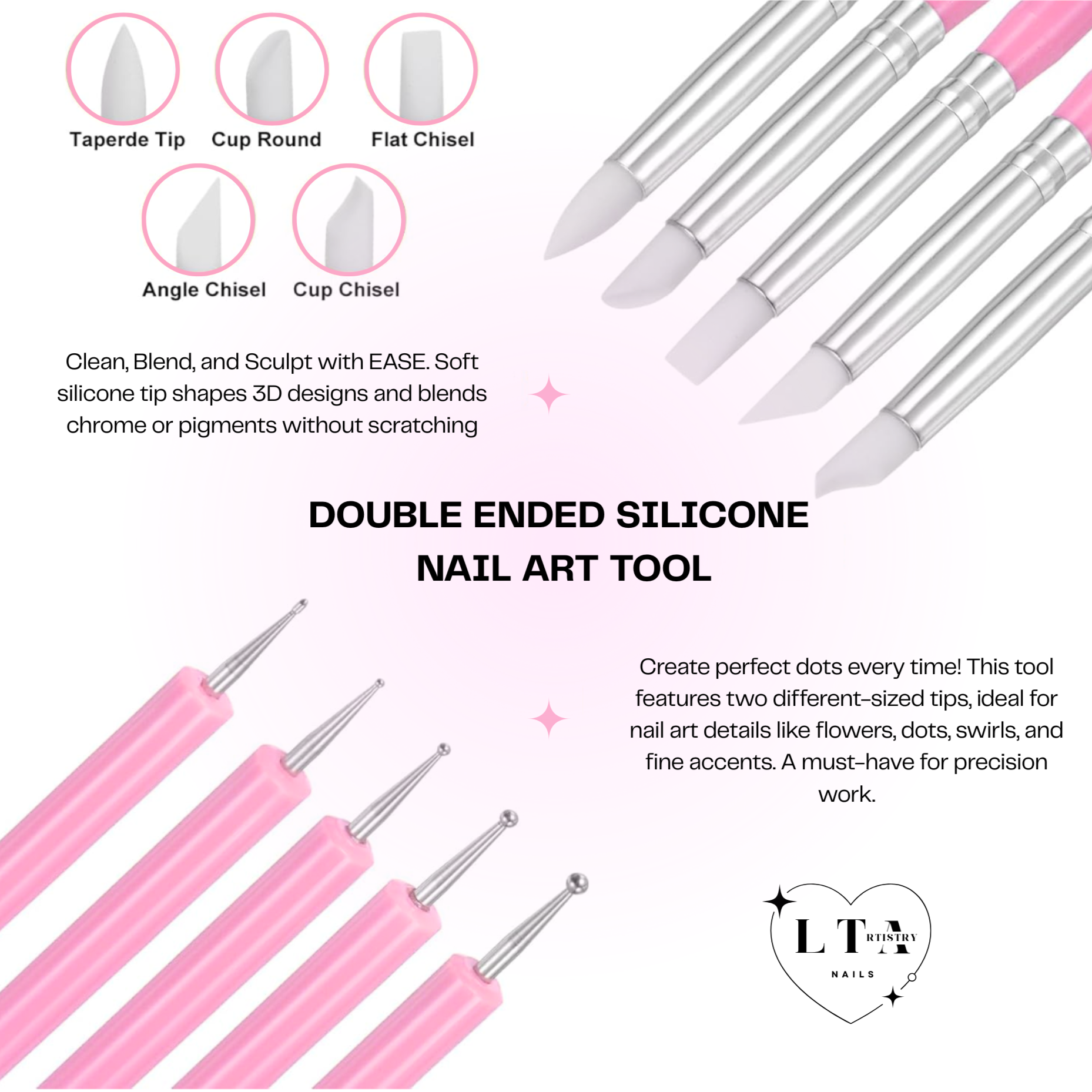 Double-ended silicone nail art tool with pink and silver handles and silicone tips, featuring different shapes.