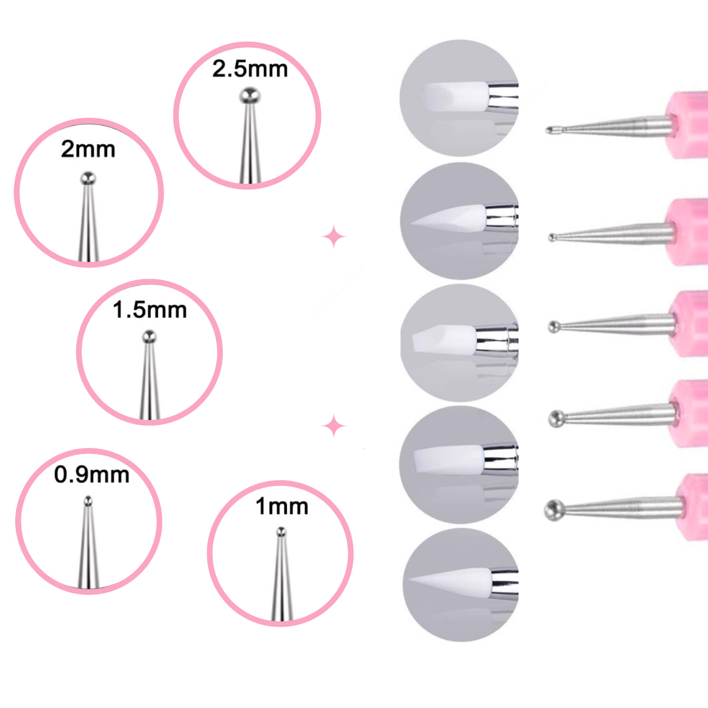 Set of nail art tools with different sizes indicated on a white background