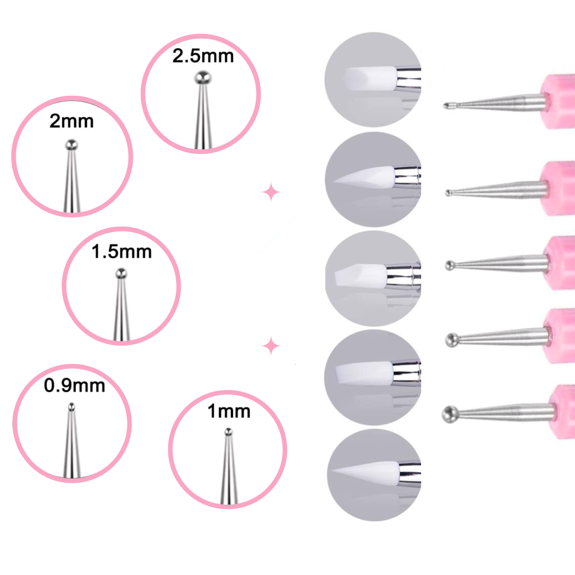 Set of nail art tools with different sizes indicated on a white background