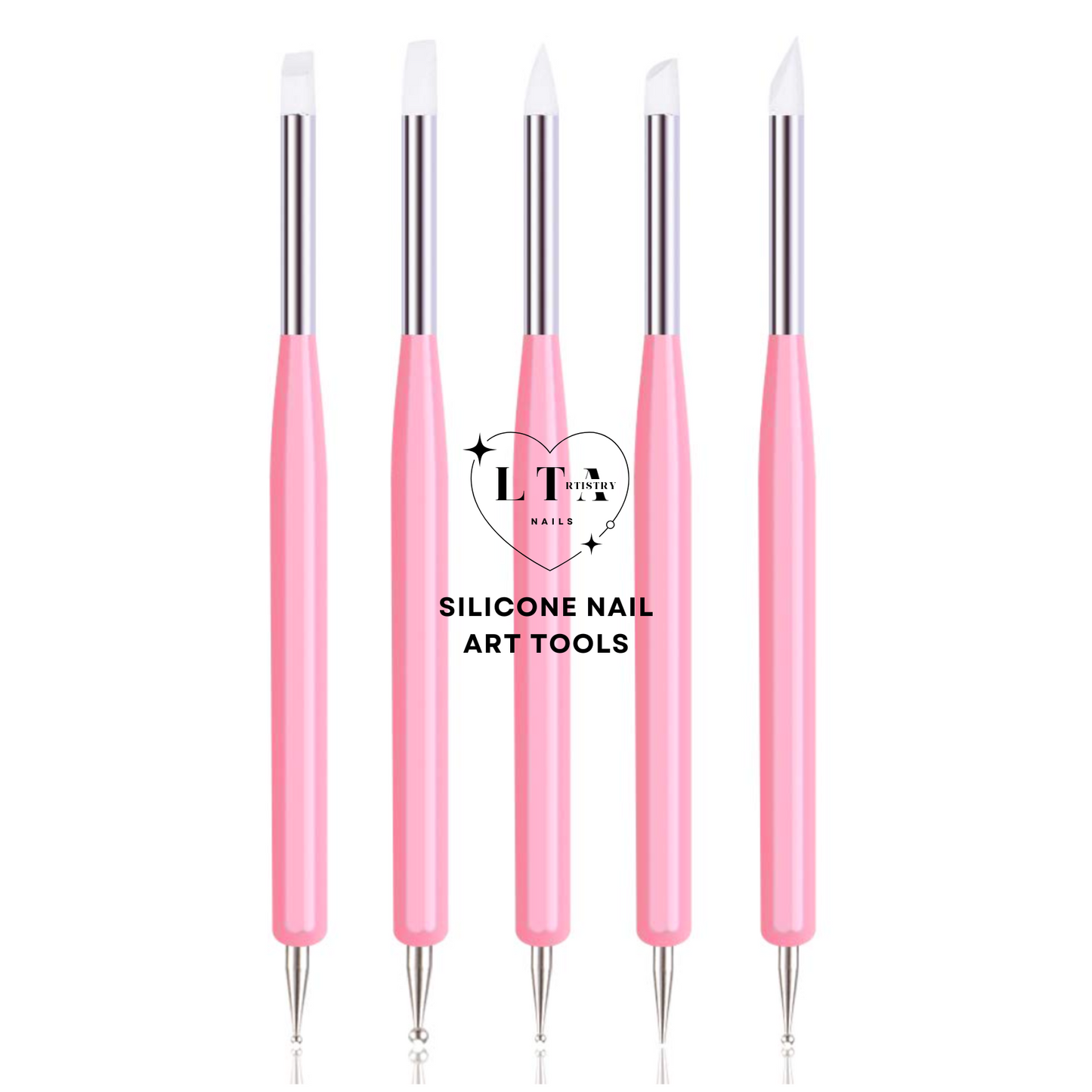 Set of silicone nail art tools with pink handles on a white background