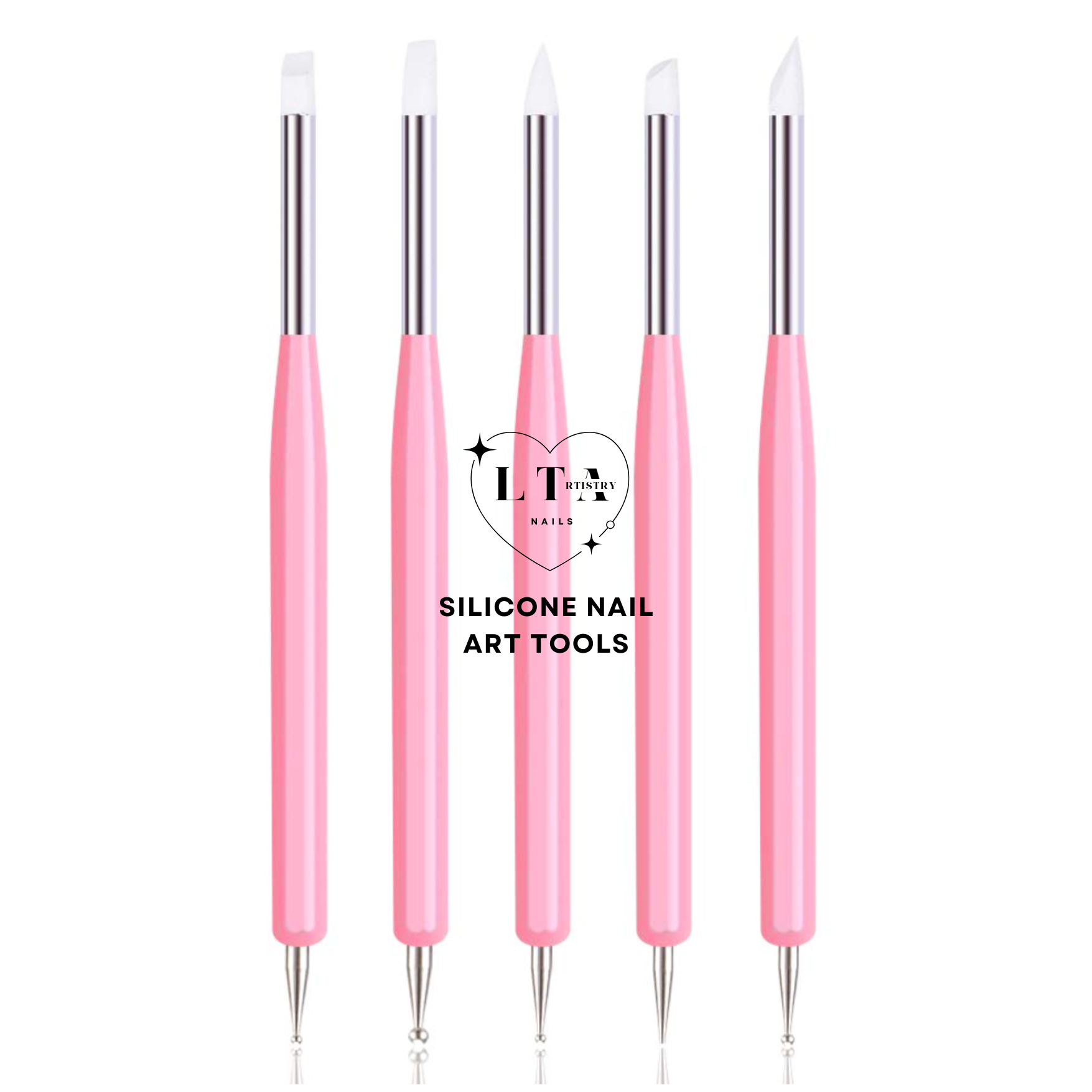 Set of silicone nail art tools with pink handles on a white background