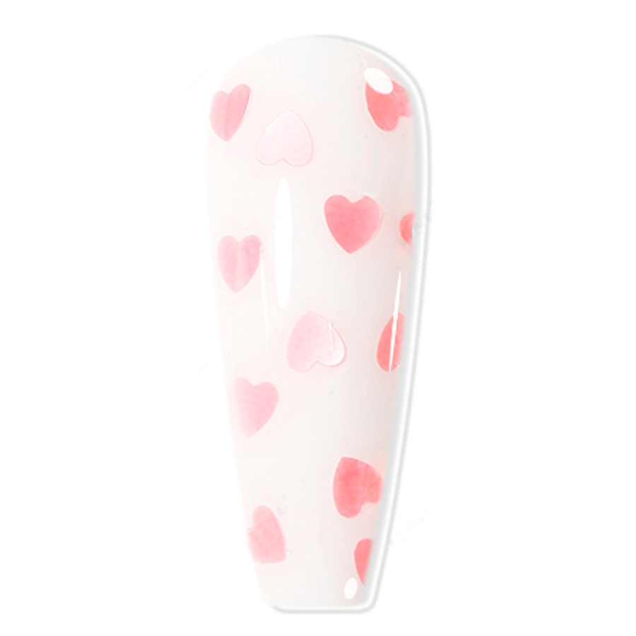 Glossy clear gel top coat featuring delicate pink hearts for romantic nail designs