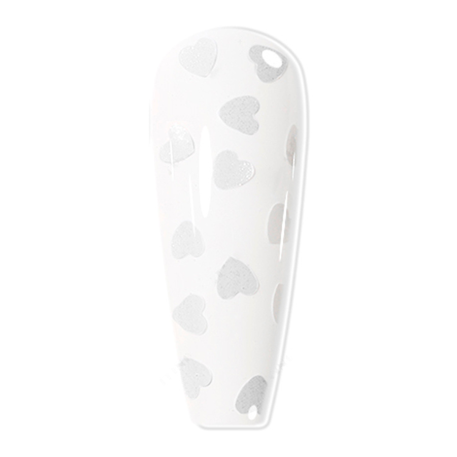 Glossy clear gel top coat featuring tiny white hearts for romantic nail art looks