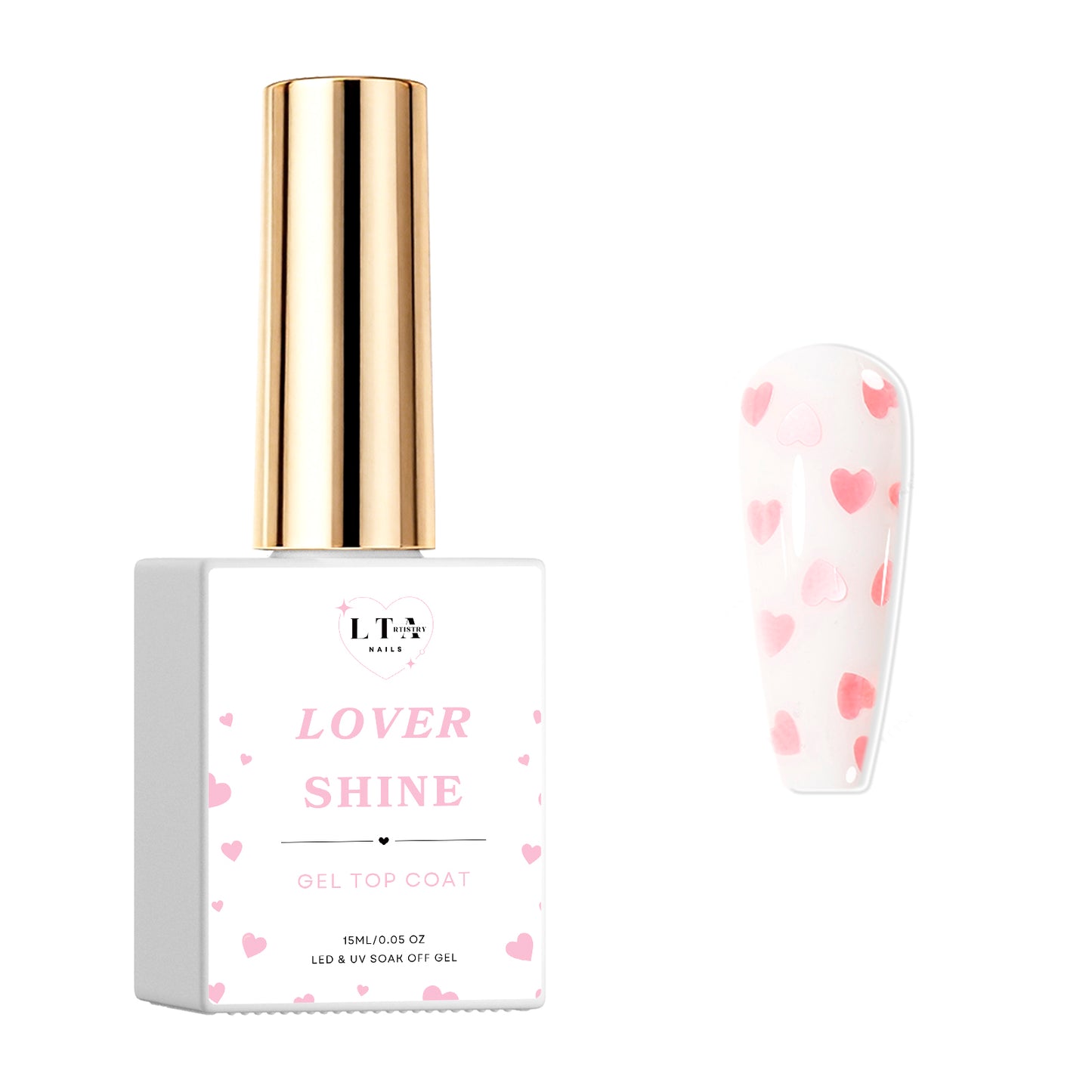 No-wipe clear gel top coat with tiny pink heart accents for nail art