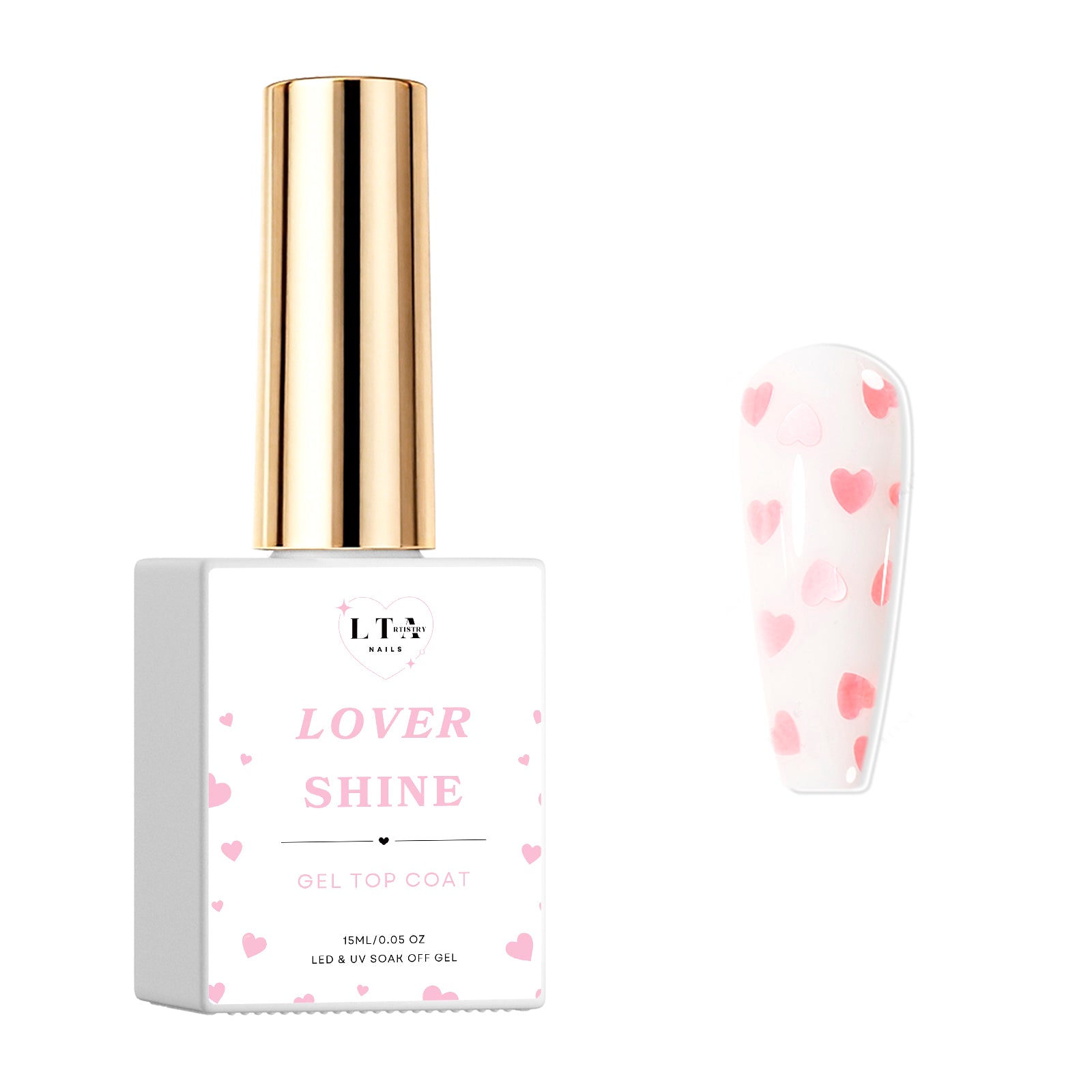 No-wipe clear gel top coat with tiny pink heart accents for nail art