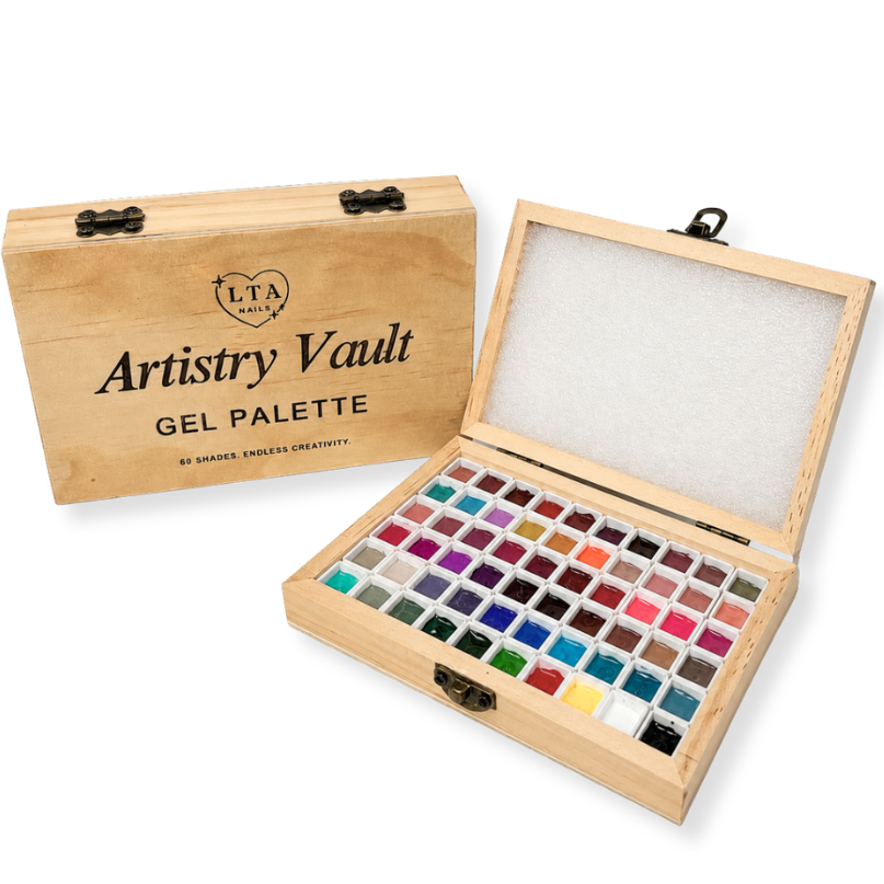 An open wooden Artistry Vault gel nail palette box with multiple rows of colorful gel colors visible inside, shown alongside the closed wooden lid on a white background.