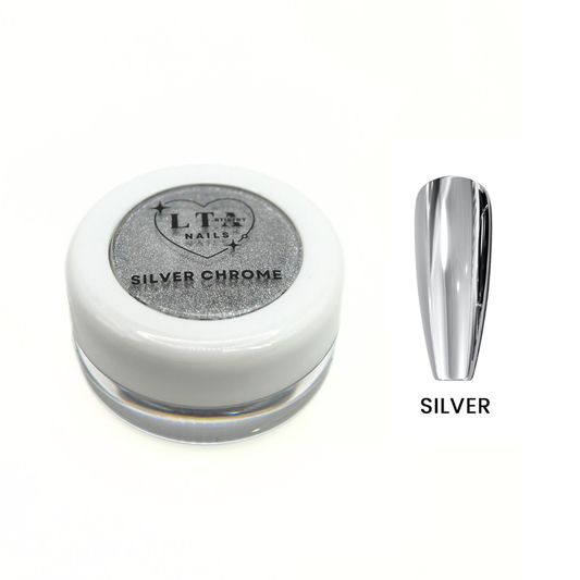 Silver chrome nail powder with a container and a nail tip sample on a white background