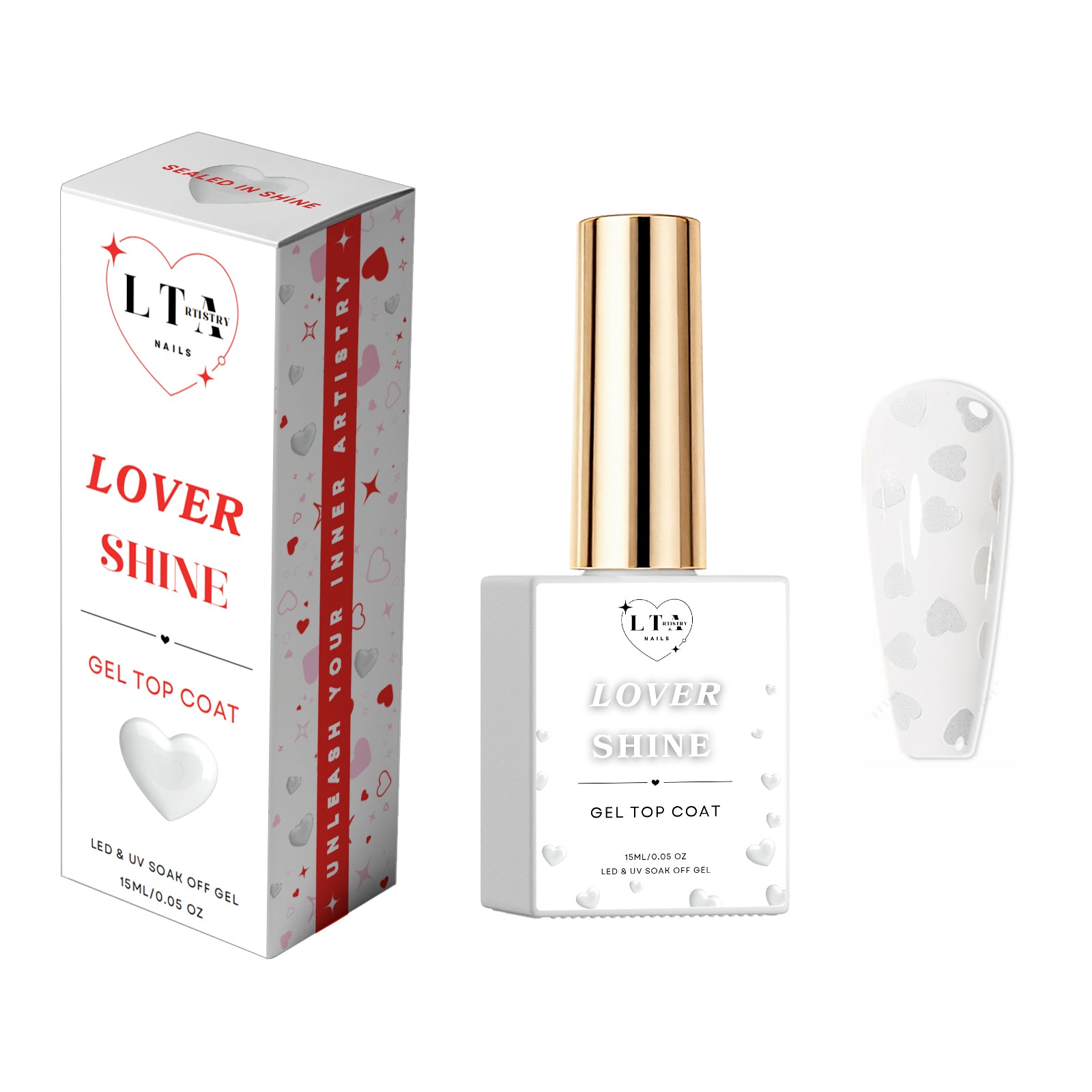 White heart gel top coat with glossy clear finish and delicate micro heart details