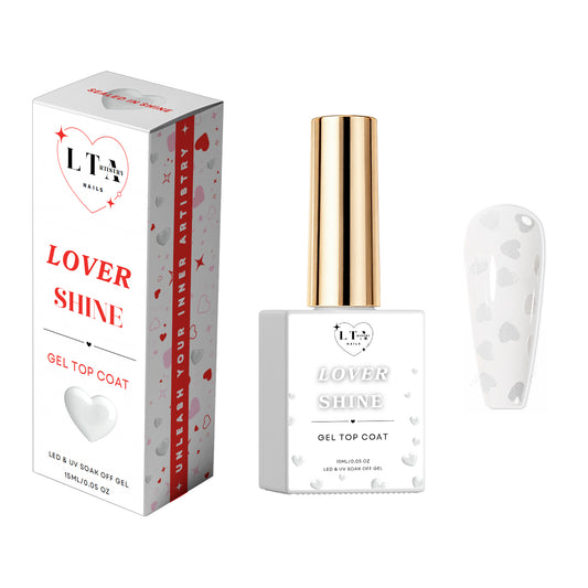 White heart gel top coat with glossy clear finish and delicate micro heart details
