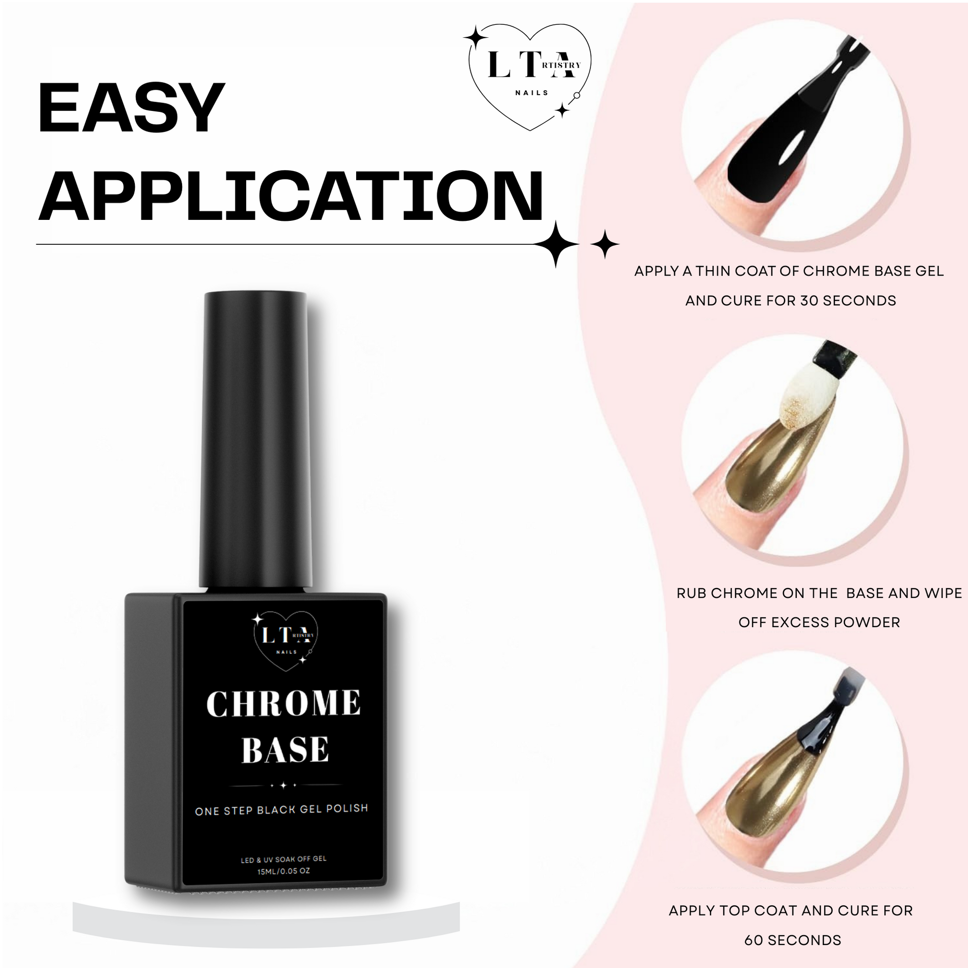 Chrome base gel polish bottle with application instructions on a white background