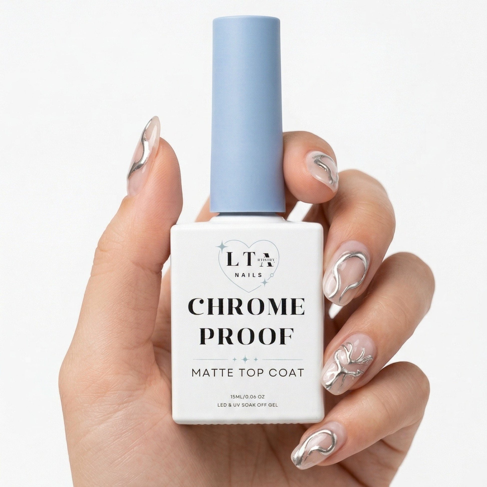 LTA NAILS Chrome Proof Matte Top Coat bottle held by hand with chrome nail art designs.