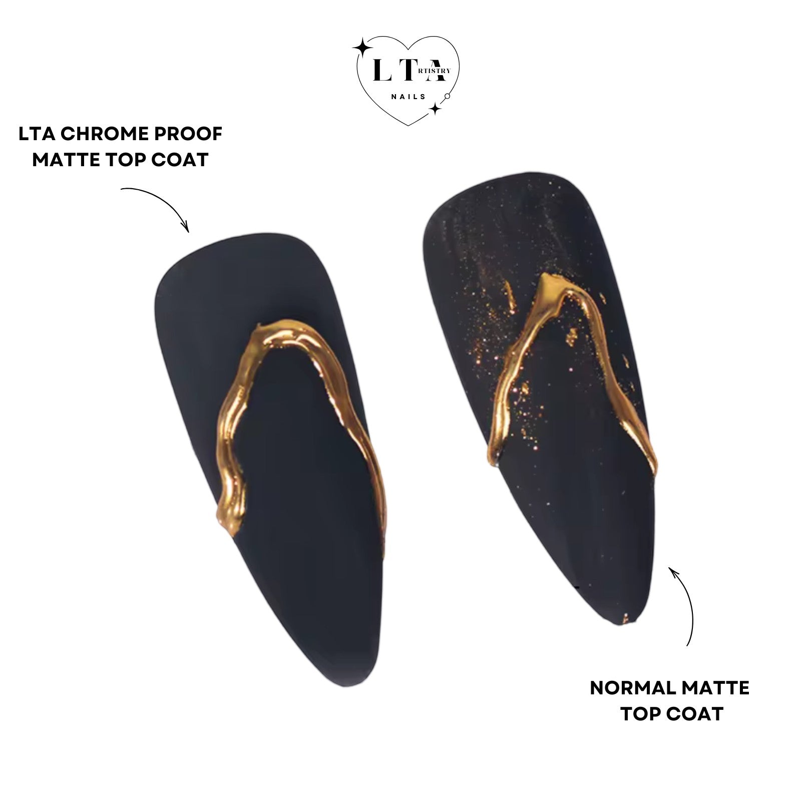 LTA Nail's black matte top coat with gold chrome design on the left, and normal matte top coat with smudged gold chrome on the right.