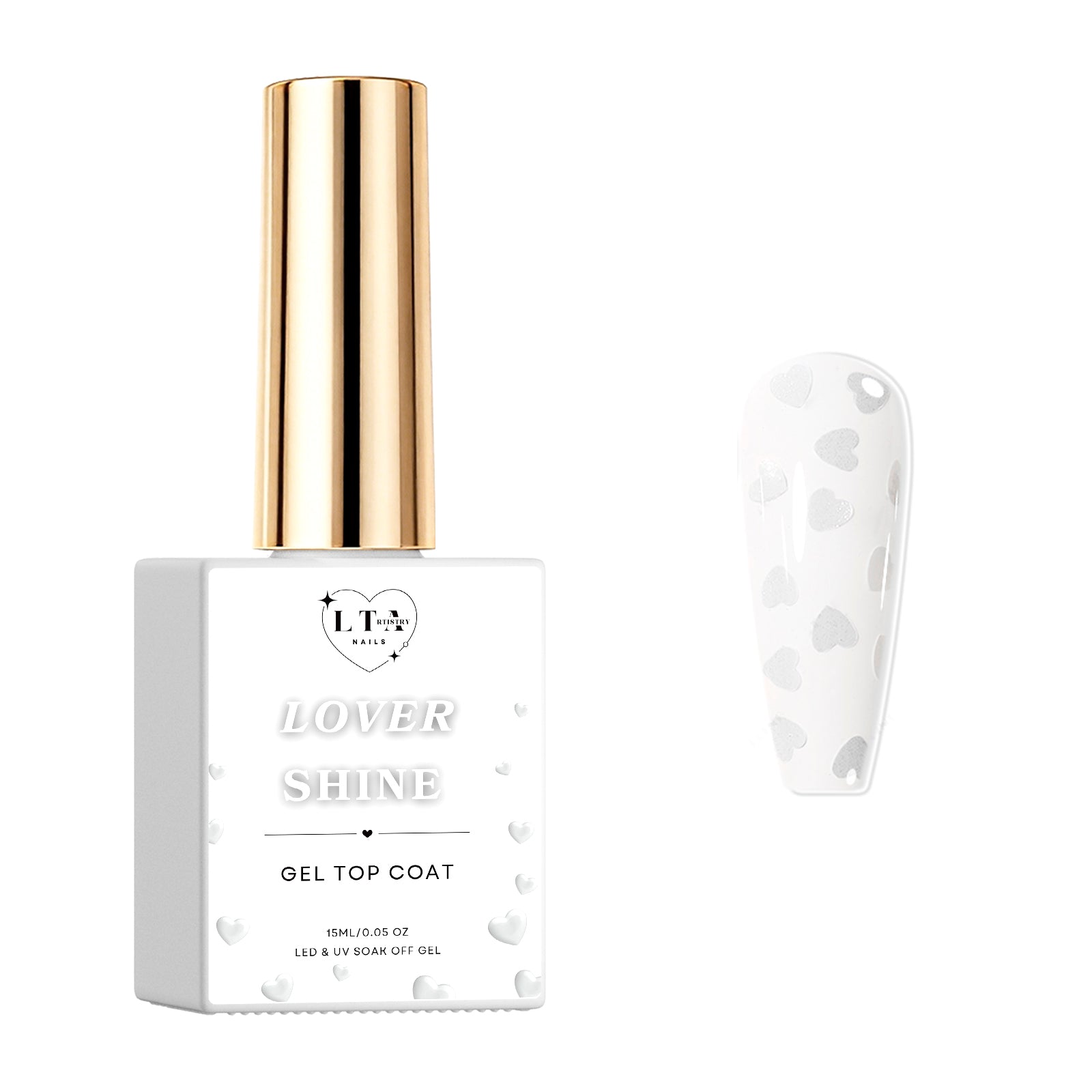 Clear no-wipe gel top coat with small white heart accents for nail art designs