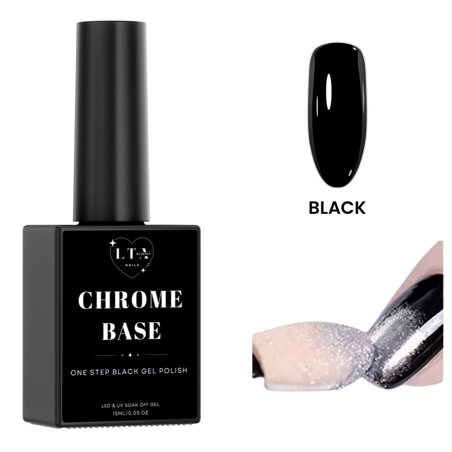 LTA NAILS black one-step gel polish bottle and swatch showing chrome effect. 15ml.