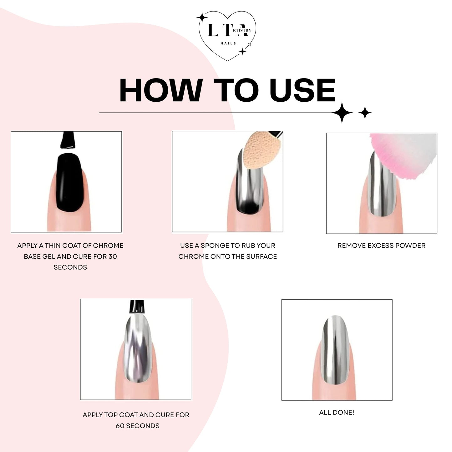 LTA NAILS black chrome base gel polish application steps: apply black gel, rub chrome powder, remove excess, apply top coat, finished chrome nail.