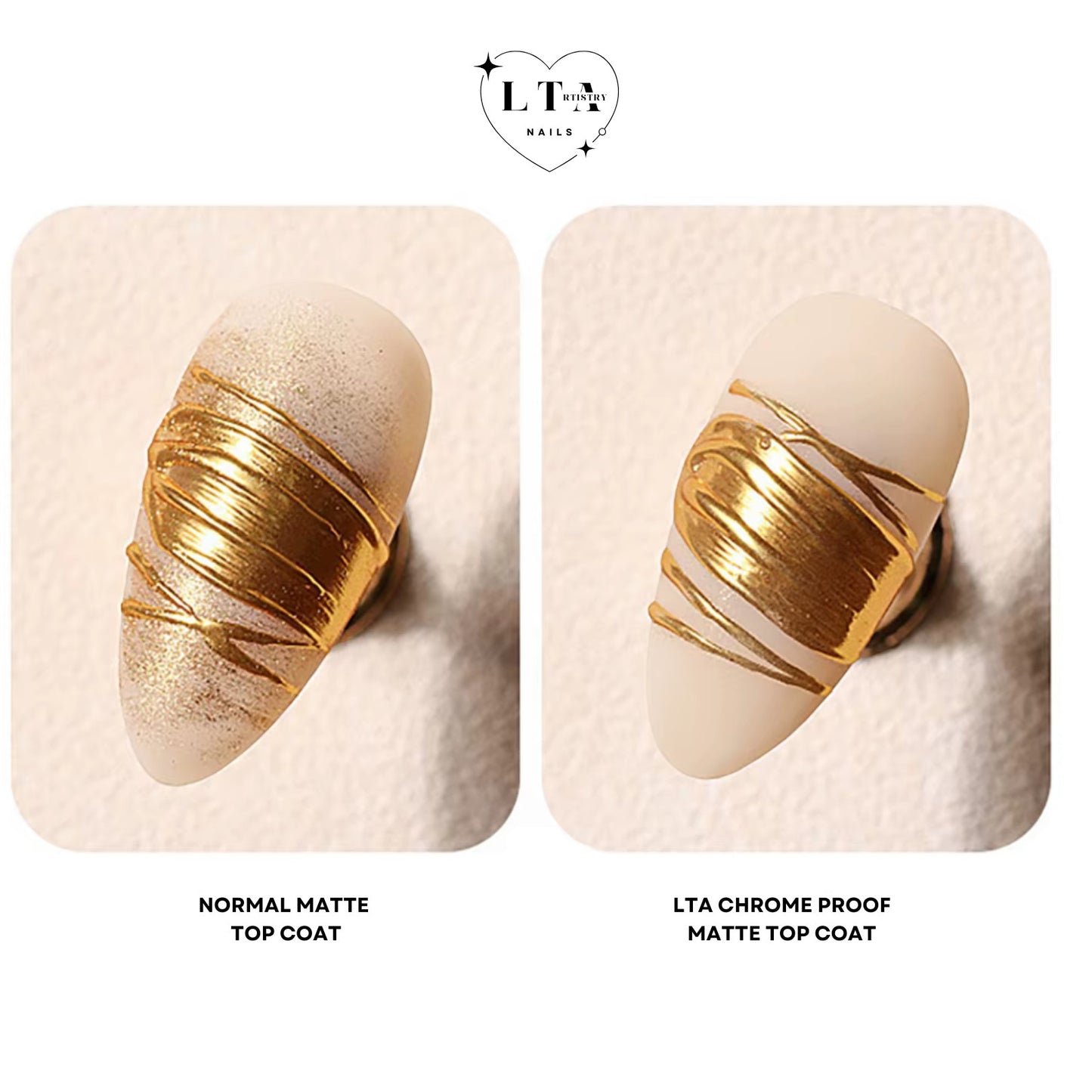 LTA Nail's Chrome Proof Matte Top Coat creates crisp, precise gold chrome nail art designs on a matte finish.