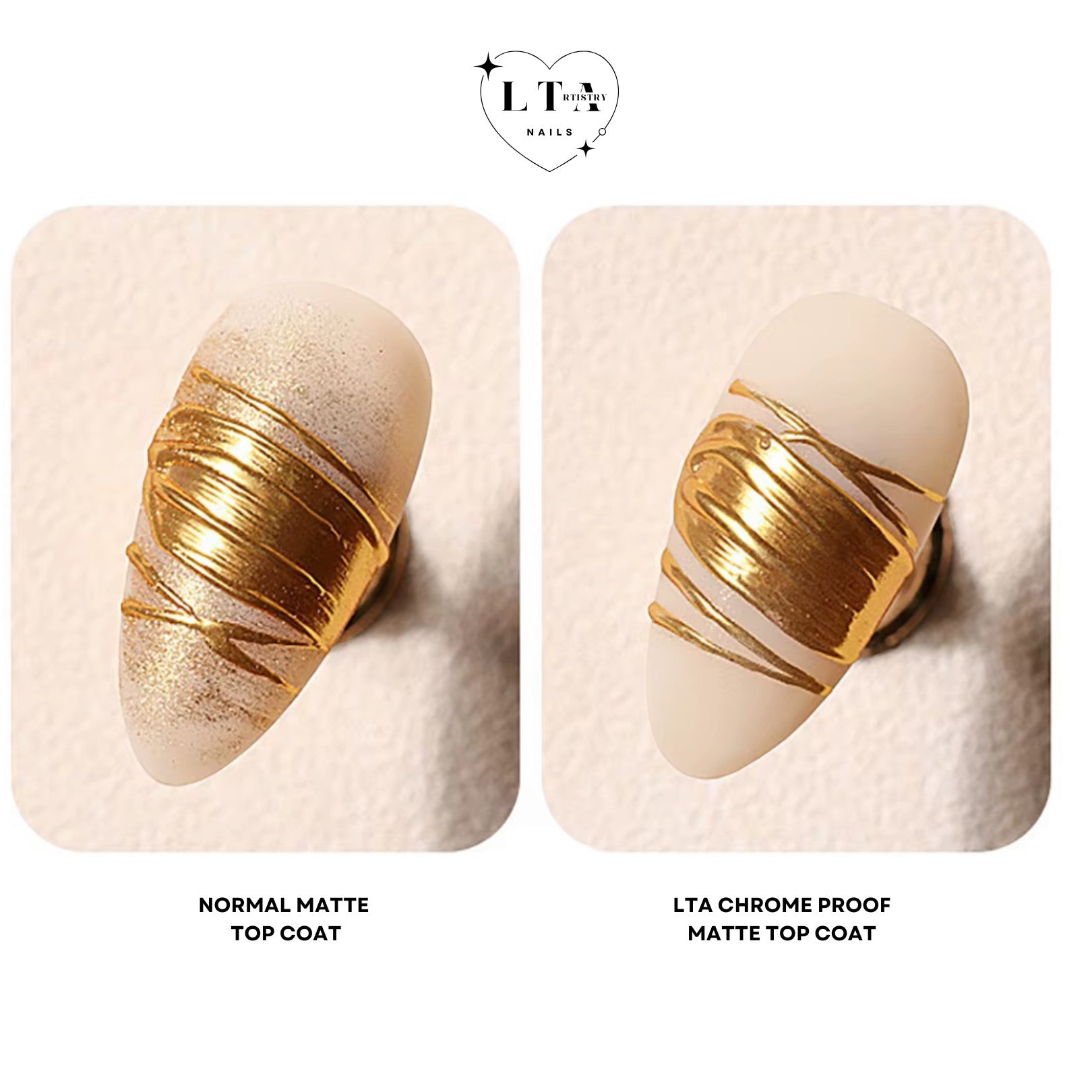 LTA Nail's Chrome Proof Matte Top Coat creates crisp, precise gold chrome nail art designs on a matte finish.