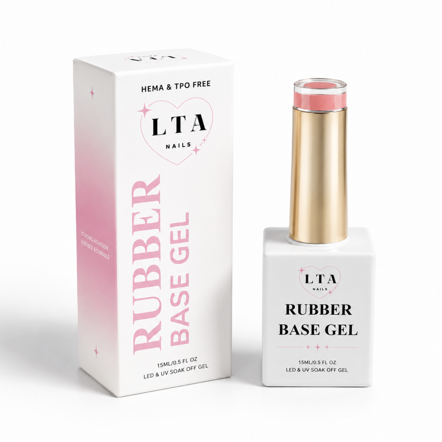LTA Nails Rubber Base Gel nail polish shown with its white and pink retail box and the bottle itself on a clean white background.